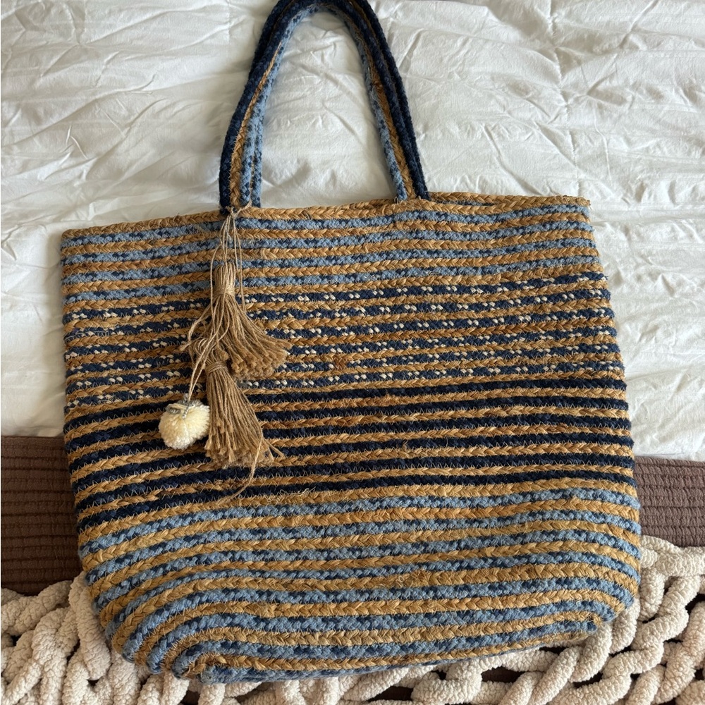 BEACH Striped Tan and Blue Woven Tote Bag